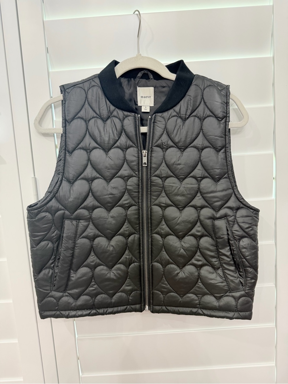 Maeve Black Quilted Heart-Pattern Zip Vest